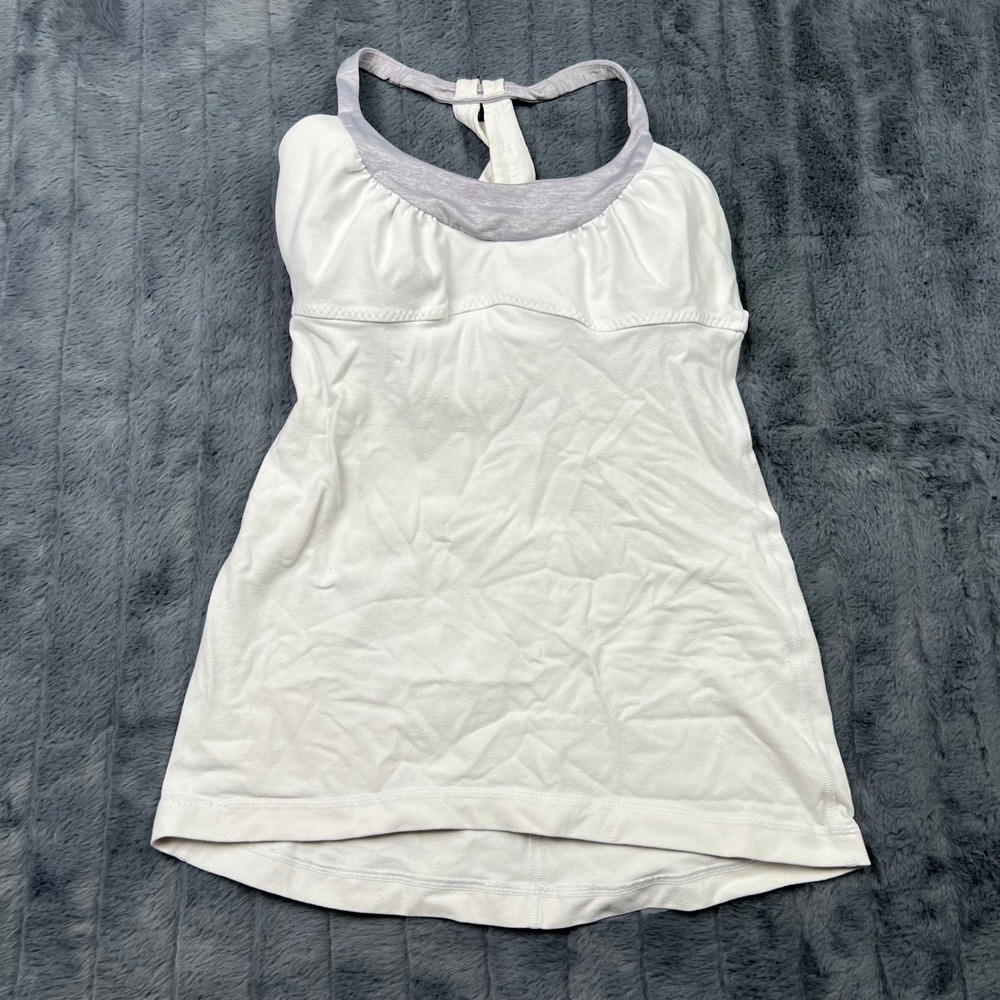 Lululemon White Racerback Tank Top with Built-in Shelf Bra Purple Trim 11737